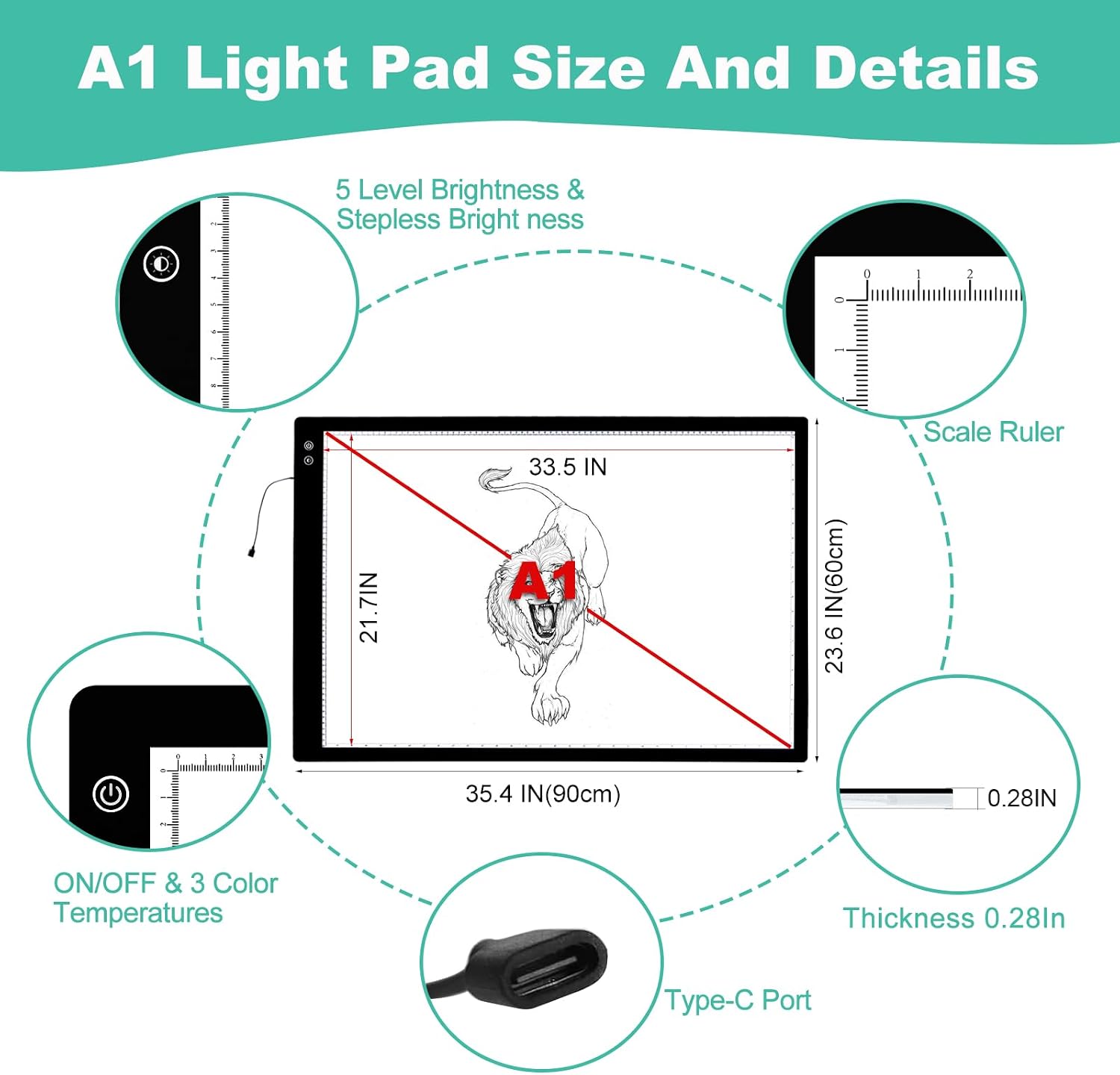 Rechargeable A1 Light Pad - Ultra-Thin Large Diamond Painting Light Board, 3 Colors 6 Levels Adjustable Brightness Tracing Light Box, Wireless Tracing Light Table for Weeding Vinyl Drawing