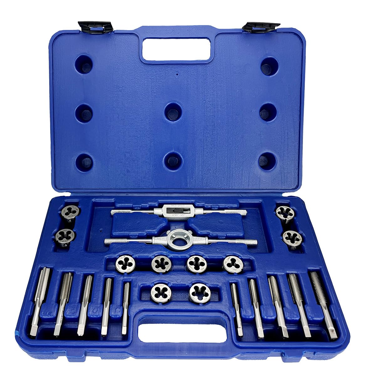Drill America 22 Piece NC/NF HSS Round Tap and Die Set (1/4-1/2) with 1 OD Round Dies and Handles