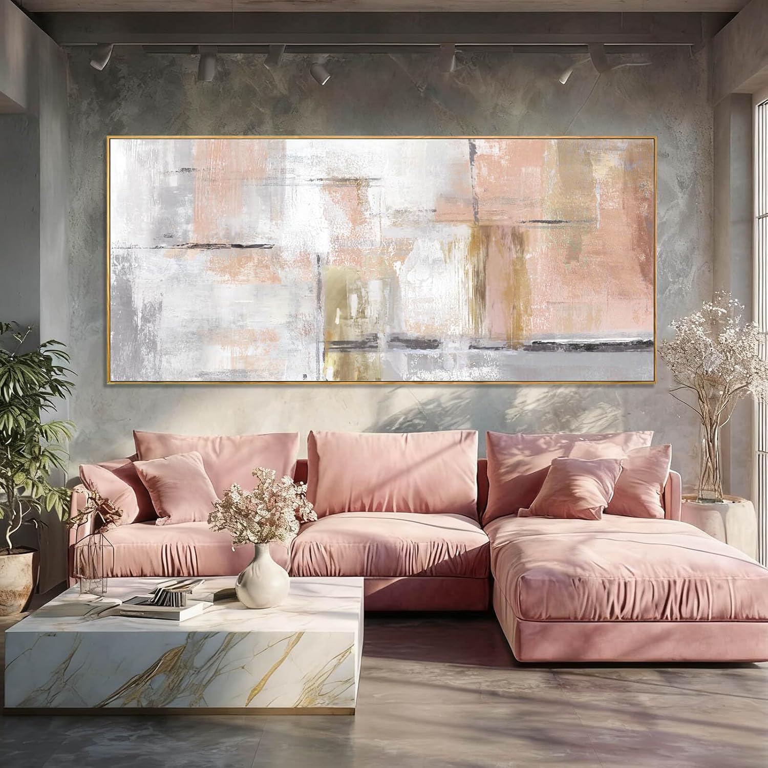 SOUGUAN Contemporary Home Wall Decor Pink and White Canvas Painting Abstract Wall Art 32'x70' Decorations for Bedroom Kitchen Artwork