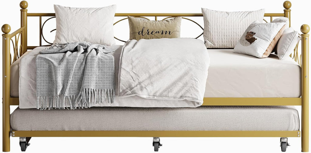 Heavy Duty Twin Daybed with Trundle, Metal Sofa Bed Frame with Floral Headboard & Slats, No Box Spring Needed, Multifunctional Platform Bed for Guest Room, Bedroom,Set Gold Twin Size