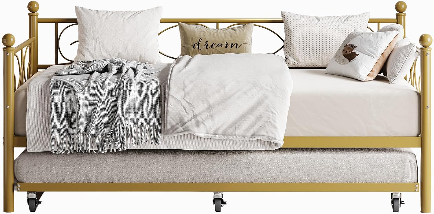 Heavy Duty Twin Daybed with Trundle, Metal Sofa Bed Frame with Floral Headboard & Slats, No Box Spring Needed, Multifunctional Platform Bed for Guest Room, Bedroom,Set Gold Twin Size