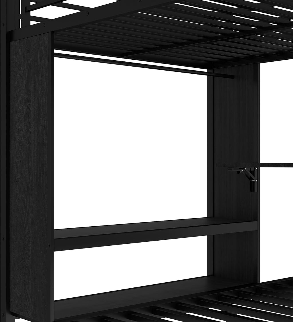 JIVOIT Metal Bunk Bed with Trundle, Full Over Twin Bunk Bed with Foldable Desk, Built-in Wardrobe, Ladders and Safety Guard, Noise-Reduced Design, Space-Saving, No Box Spring Needed