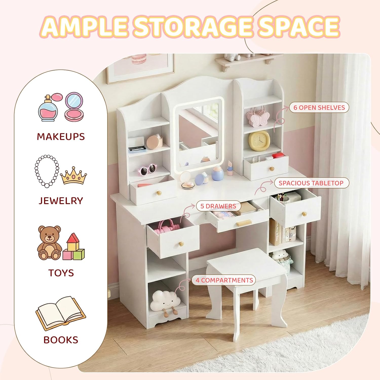 Arlopu Kids Vanity with 3-Color Lights, Girls Vanity Set w/Large Storage, Mirror ＆ Stool, 2 in 1 Princess Wooden Pretend Play Makeup Desk, Dressing Table and Chair, Open Shelves, Drawer (White)