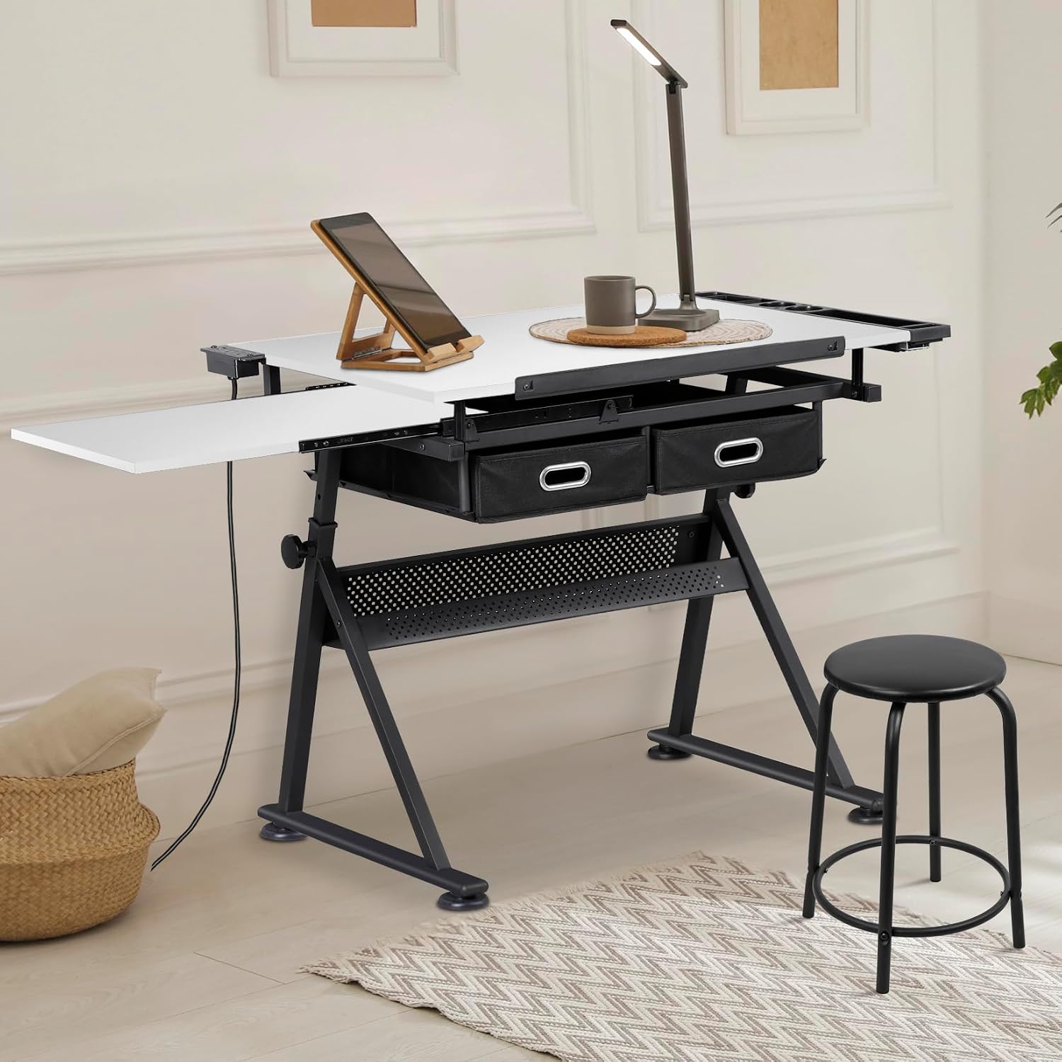 ZENY Adjustable Drafting Table with Stool, Tilting Drawing Desk Artist Table with Storage Drawers, Art Craft Workstation for Home Office Reading, Writing, Crafting (White-with Outlet)