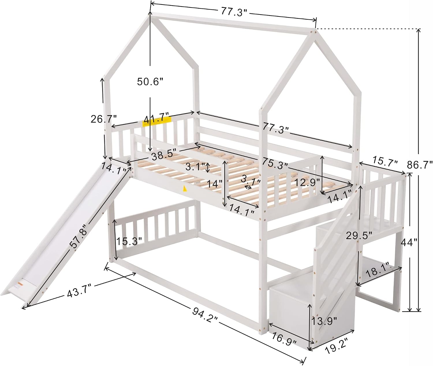 Wood House Bunk Bed for Kids Toddlers, Twin Over Twin Bunk Bed with Convertible Slide, Storage Staircase Can be Placed Left or Right, No Spring Box Required (White+House03)