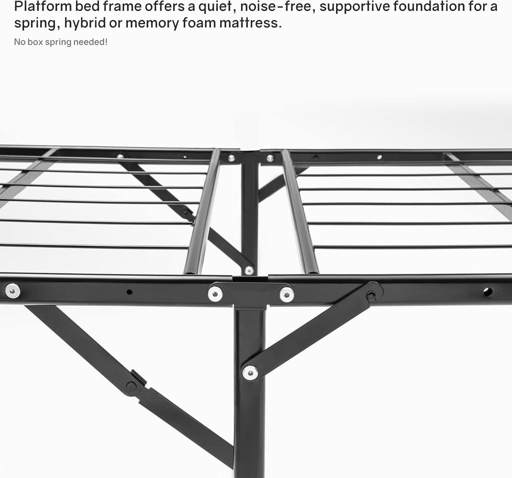 Nutan, 14-Inch Foldable Metal Platform Bed Frame with Tool Free Setup, Sturdy Steel, No Box Spring Needed, Queen, Black