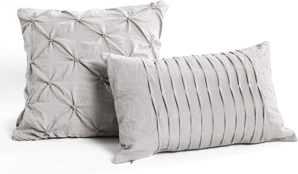 Lush Decor Ravello Pintuck Comforter Set - Luxe 5 Piece Textured Bedding Set - Traditional Glam & Farmhouse Inspired Bedroom Decor - Full/ Queen, Light Gray