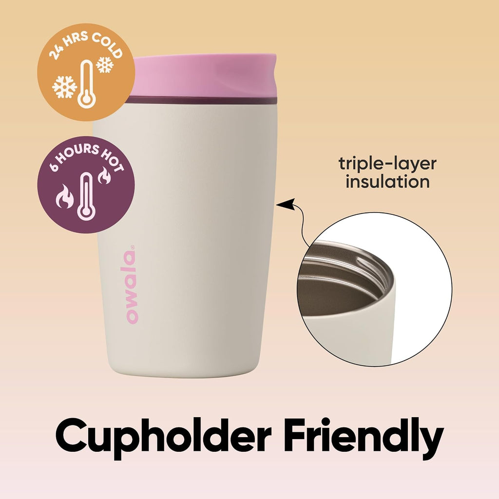 Owala SmoothSip Slider Insulated Stainless Steel Coffee Tumbler, Reusable Iced Coffee Cup, Hot Coffee Travel Mug, BPA Free 12 oz, Pink/Tan (Daybreak) (Pack of 8)