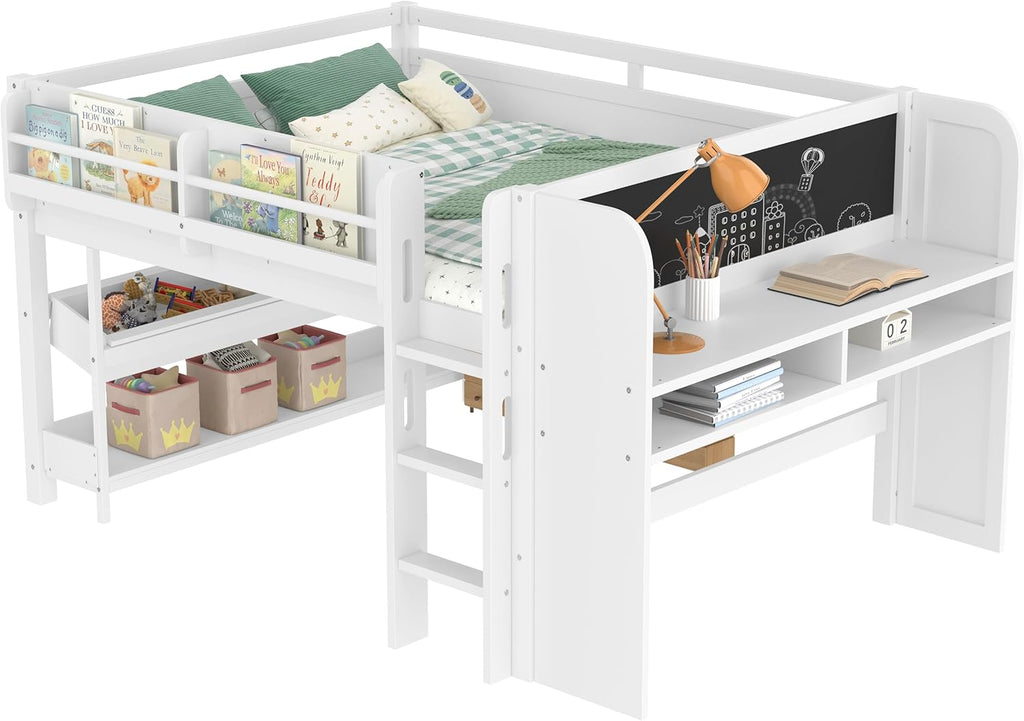MERITLINE Full Loft Bed with Desk & Blackboard, Twin Multi-Functional Bed with Storage, All-in-One Study & Play Design, White