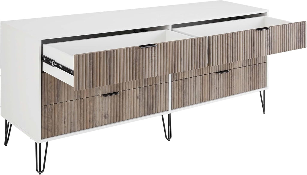 Manhattan Comfort Dumbo 3-Piece Modern Dresser Drawer and Nightstand Set, Tall and Double Low - Vertical Ribbed Design - No Tool Assembly Storage for Bedroom & Living Room, White/Grey