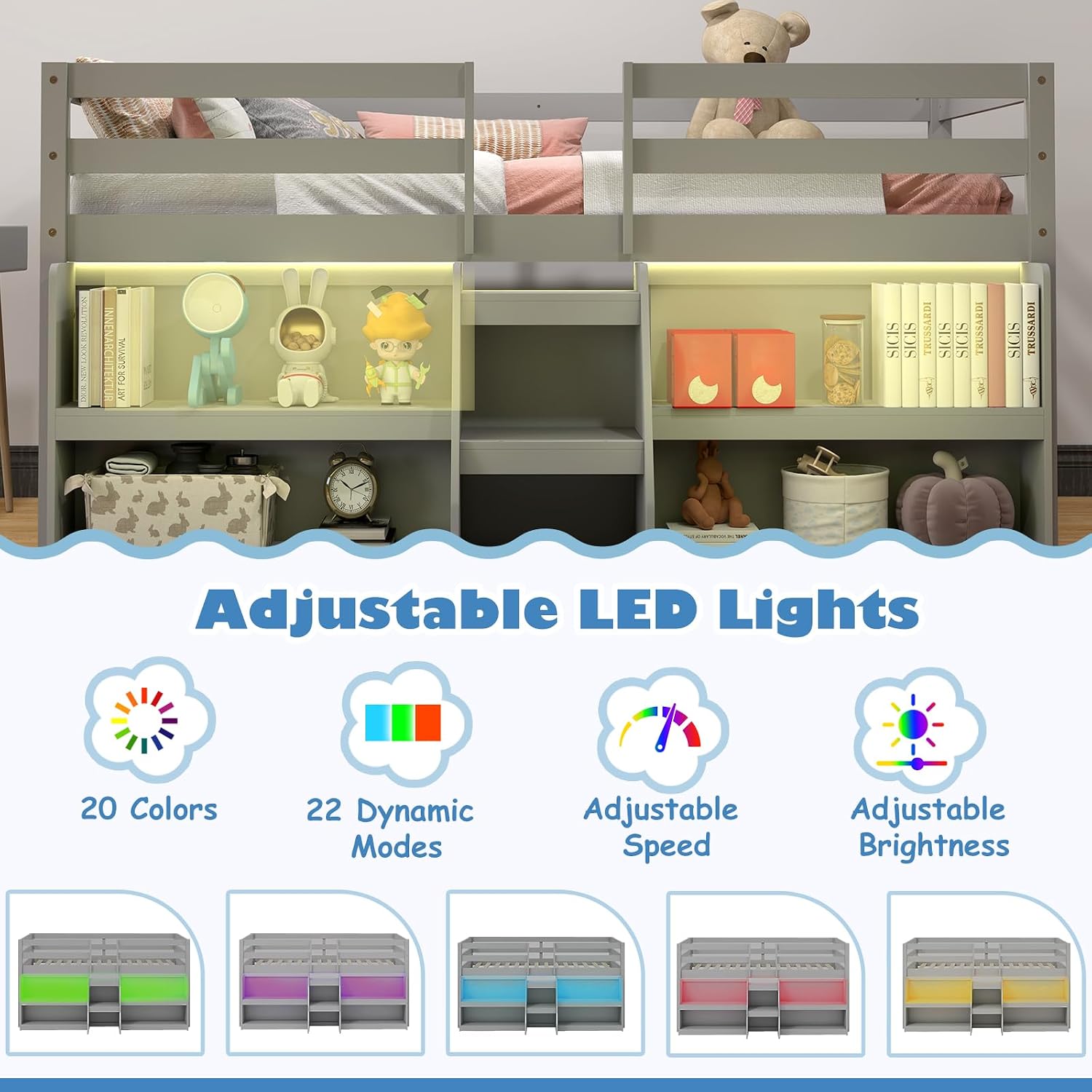KOMFOTT Low Loft Bed with LED Light & 2 Bookcases, Wood Kids Twin Bed with Under-Bed Play Space, Stairs & Guardrails, No Box Spring Needed, Modern Low Loft Bed Frame, Grey