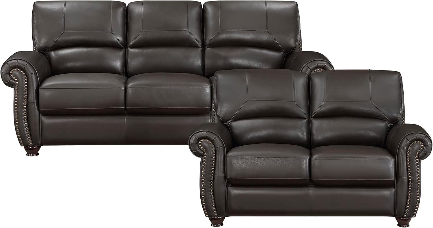 Lexicon Leather Match Sofa Set, Top Grain Leather Match Living Room Furniture Sets, Include Sofa Couch and Loveseat, 2-Piece Set, Dark Brown