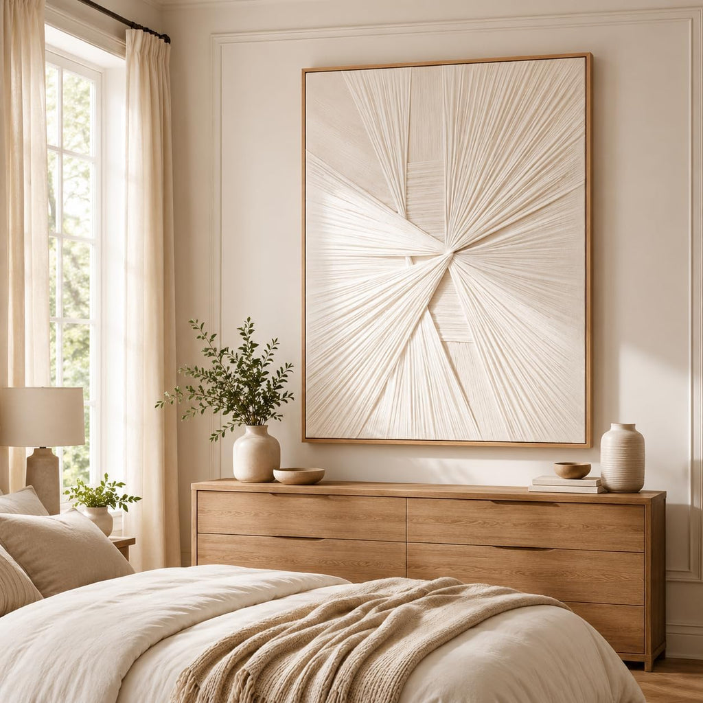 Artists' Handicraft, Large 3D Fabric Hand Painted Framed Wall Art, Minimalist Modern Luxury Artwork, Abstract Boho Modern Long Beige Wall Decor, Neutral Trendy Paintings for Living Room Bedroom Hallway Office, Vertical, 30x45 In