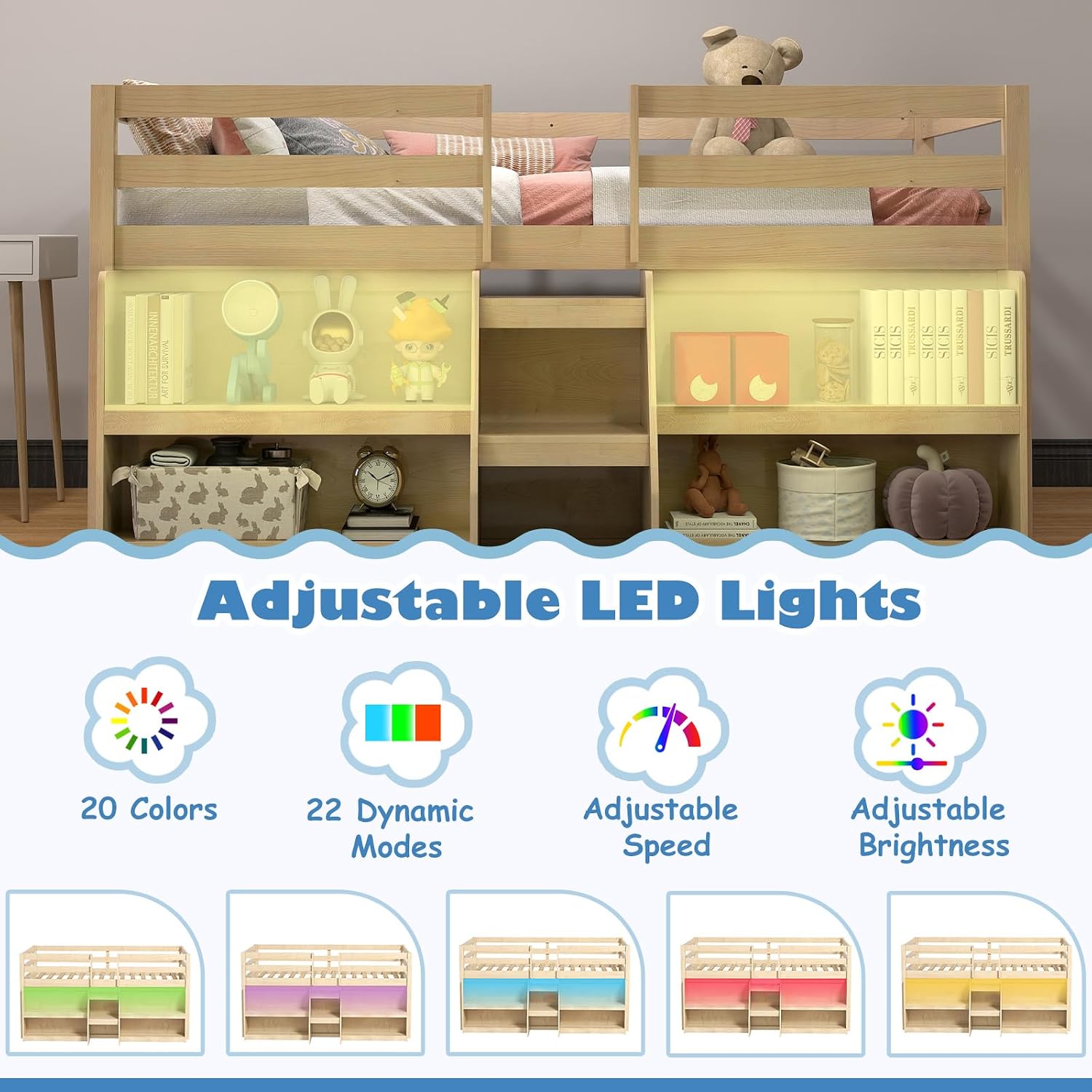 KOMFOTT Low Loft Bed with LED Light and 2 Bookcases, Wood Kids Twin Bed with Under-Bed Play Space, Stairs & Guardrails, Modern Loft Bed for Kids, No Box Spring Needed (Natural)