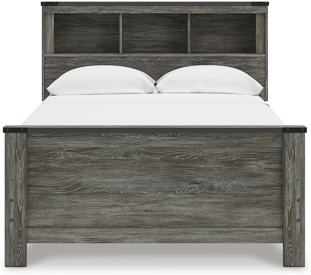 Signature Design by Ashley Frandern Rustic Bookcase Panel Bed with Nailhead Accents, Foundation or Box Spring Needed, Full, Gray