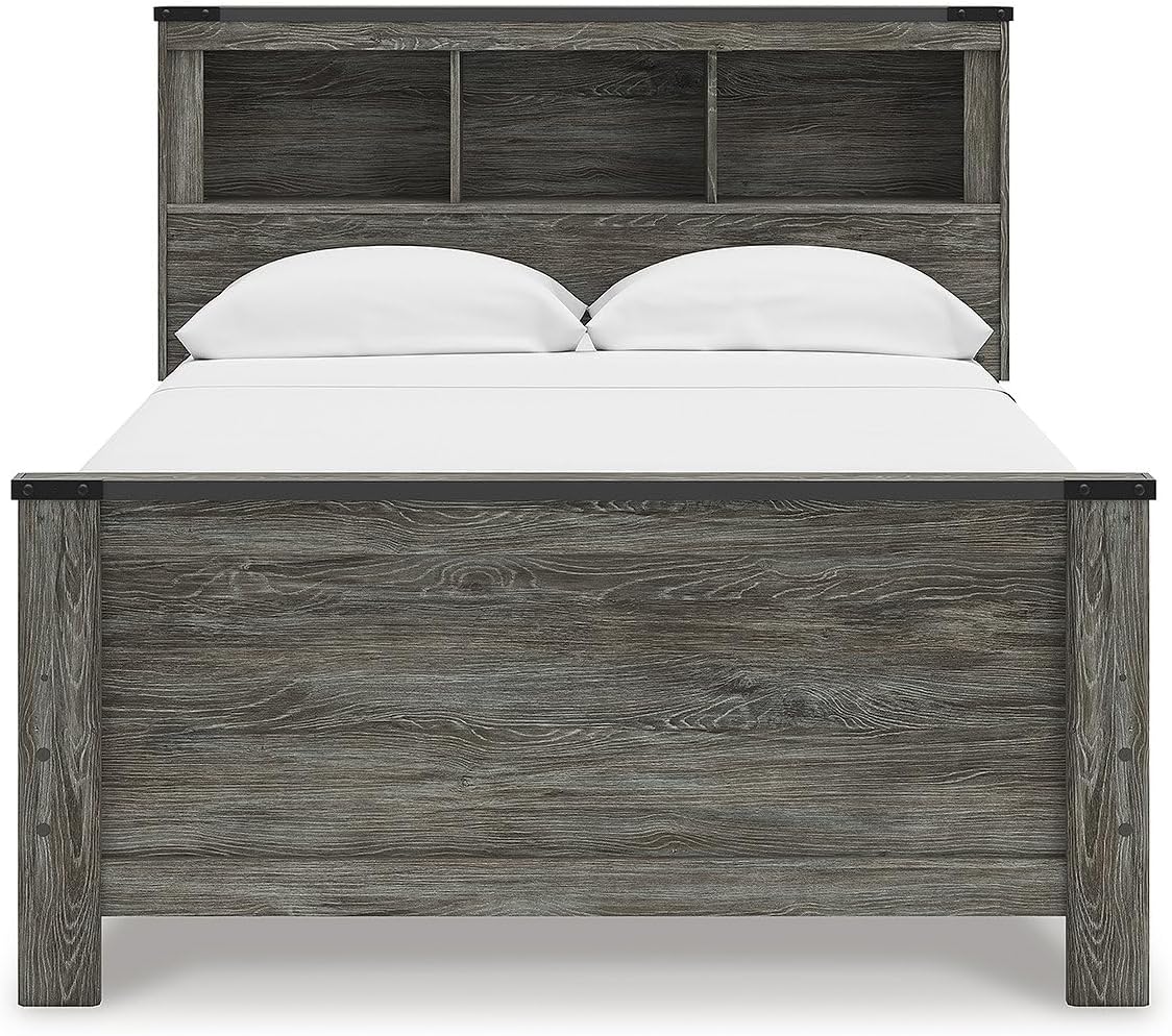 Signature Design by Ashley Frandern Rustic Bookcase Panel Bed with Nailhead Accents, Foundation or Box Spring Needed, Full, Gray
