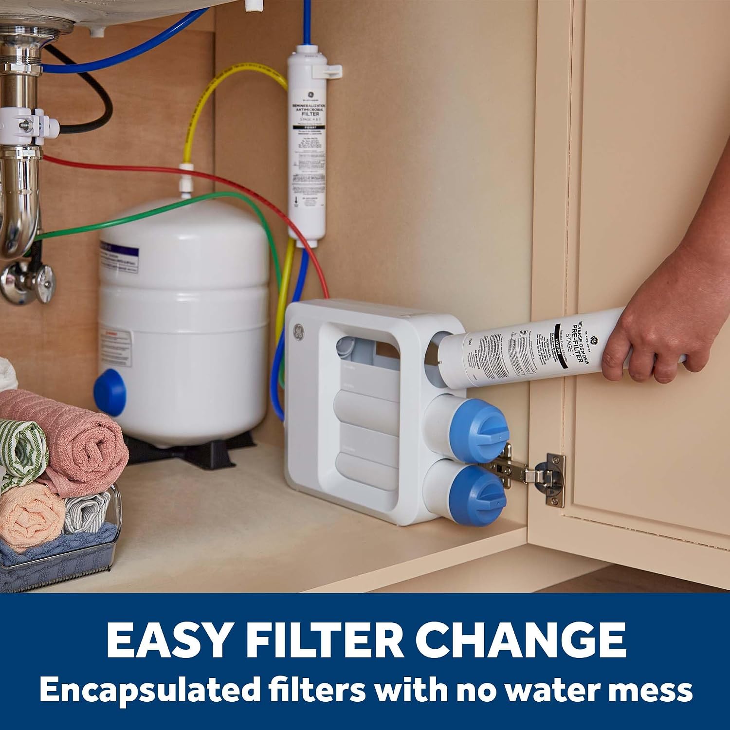GE 5-Stage Reverse Osmosis Under Sink Water Filtration System with Faucet, Reduces 95+ Impurities including Lead, Chlorine, Arsenic, Filters FQ18PN, FQ18MN, FQ18RT, GXRV40TBN