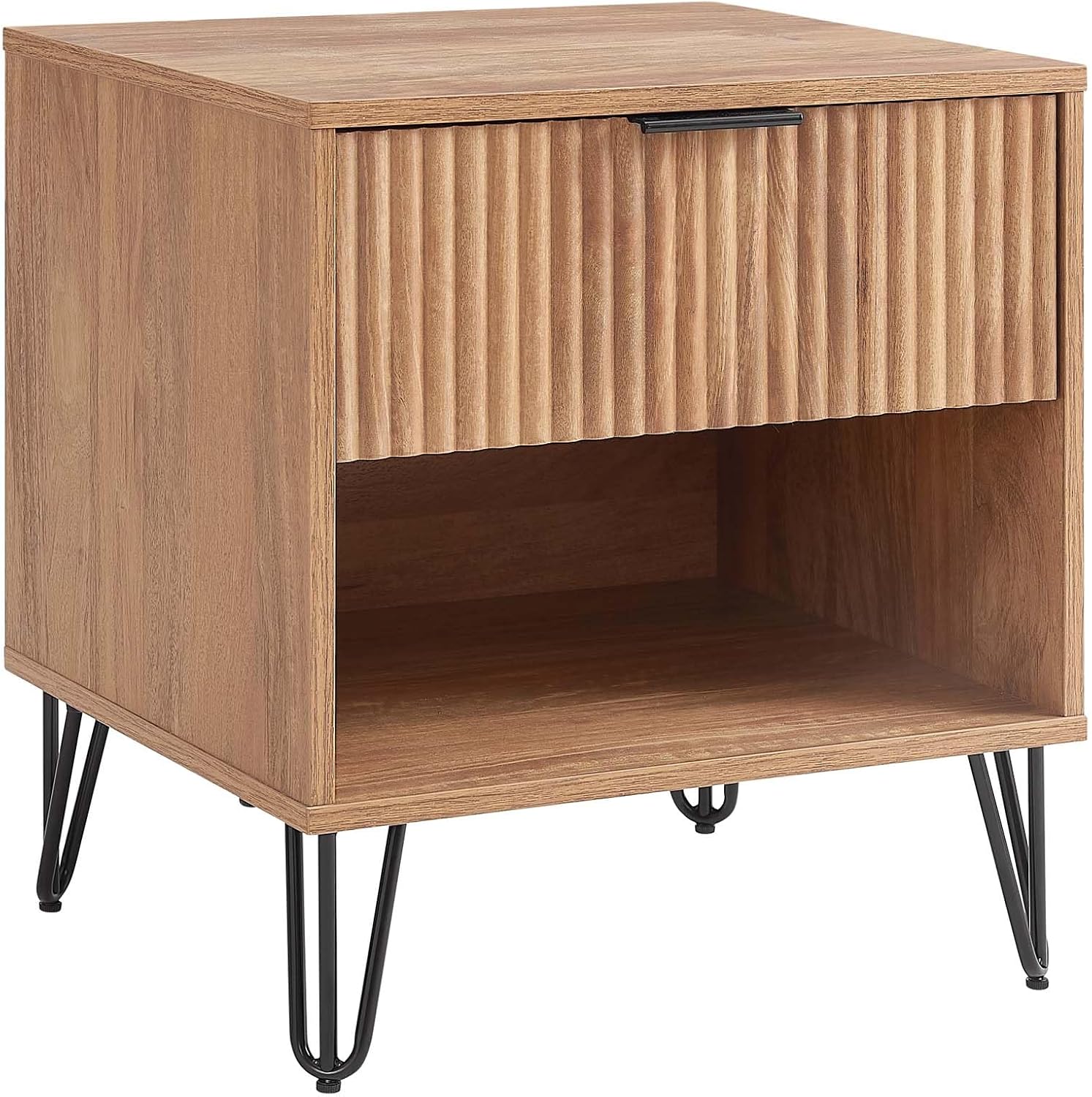 Manhattan Comfort Dumbo Fluted Nightstand with Drawer and Open Shelf, Gold Hairpin Legs and Metal Handle, Snap Tool-Free Assembly, Bedside Accent Table for Bedroom, Office, Living Room in Golden Brown