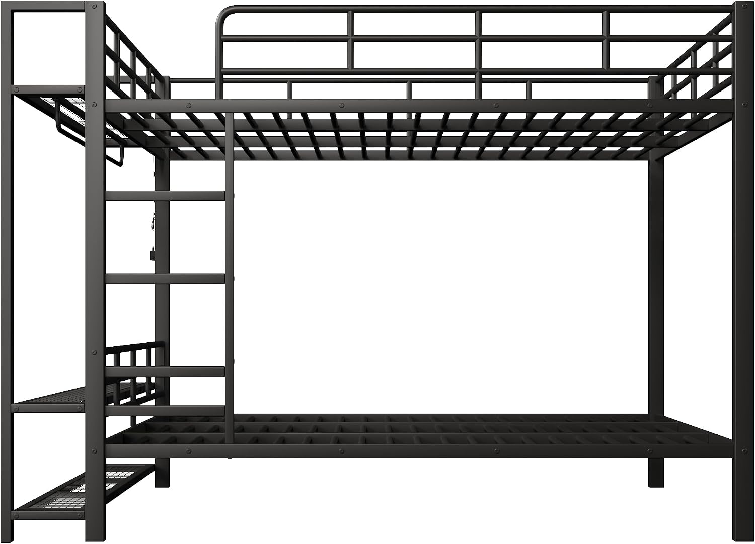 JIVOIT Metal Bunk Bed with Storage Mesh Shelves and Clothes Hooks, Open Storage Shelves, Queen Size Bunk Bed with Full-Length Reinforced Guardrails for Teens and Adults, No Box Spring Needed