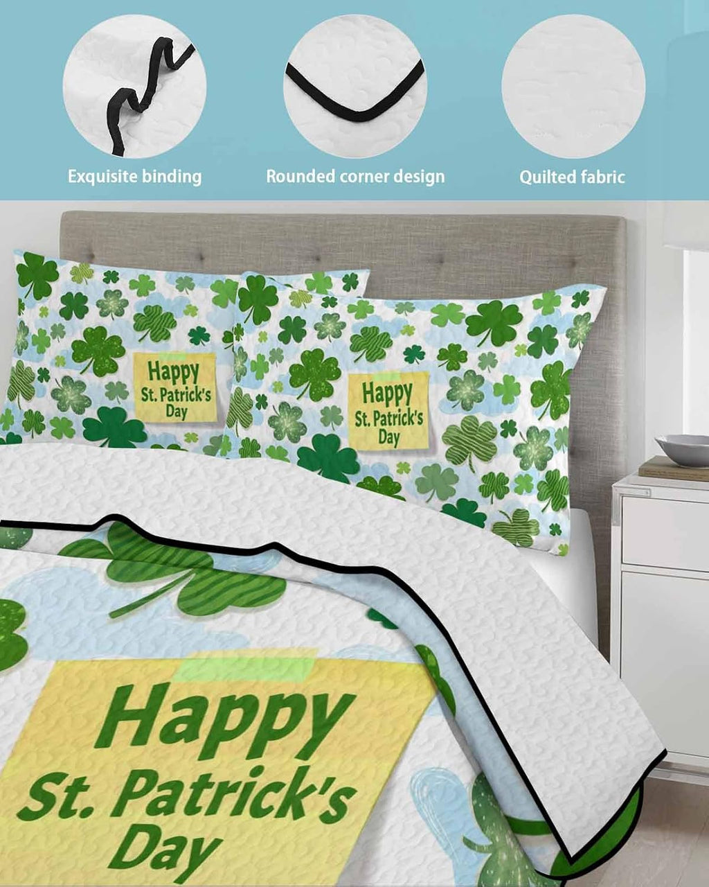 Quilt King Size Bedding Set, St. Patrick's Day Lightweight Summer Quilt 3 Pieces Bedding Sets, Spring Lucky Green Shamrock Cloud Blue Reversible Soft Bedspreads Coverlets with 2 Pillow Shams