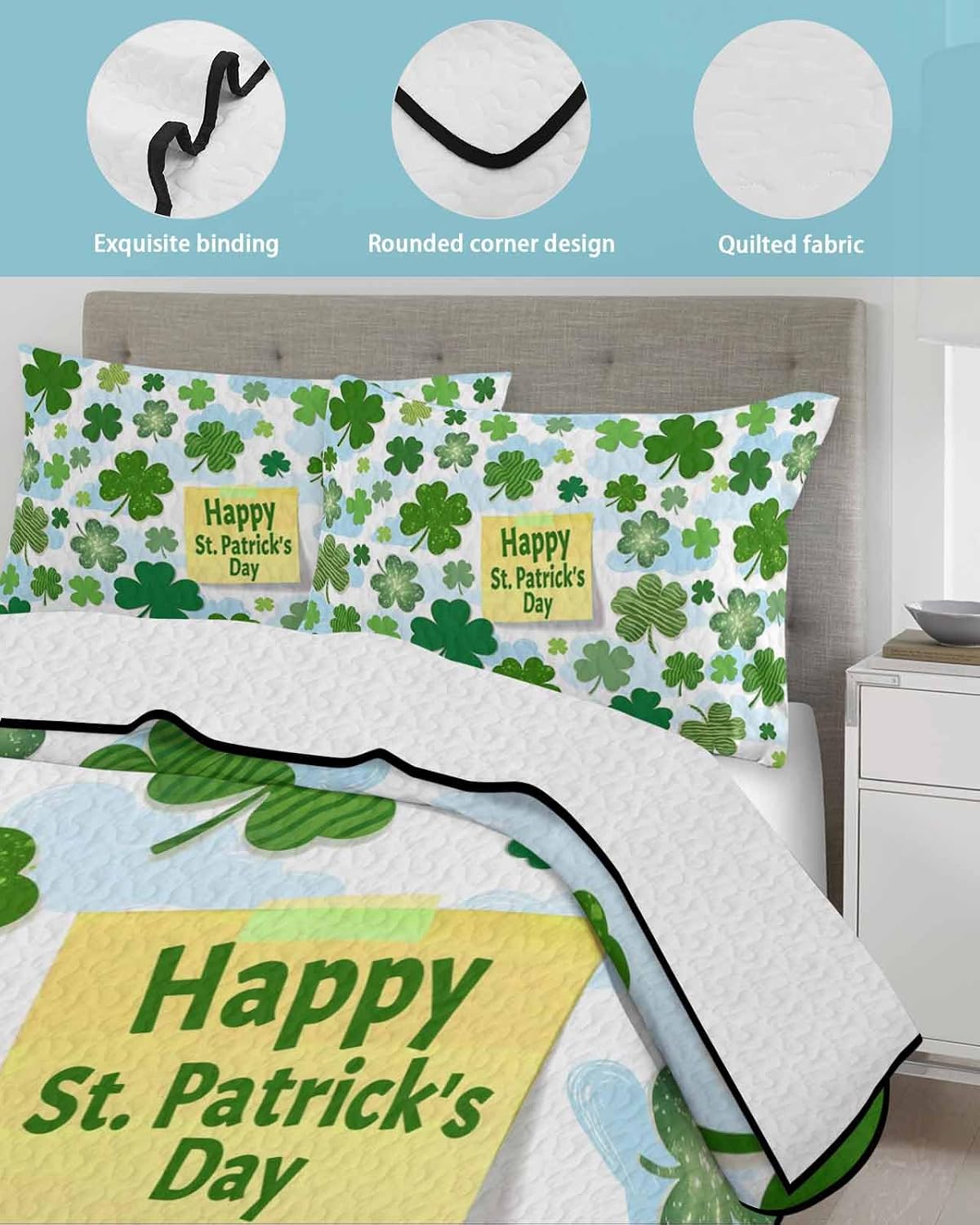 Quilt King Size Bedding Set, St. Patrick's Day Lightweight Summer Quilt 3 Pieces Bedding Sets, Spring Lucky Green Shamrock Cloud Blue Reversible Soft Bedspreads Coverlets with 2 Pillow Shams