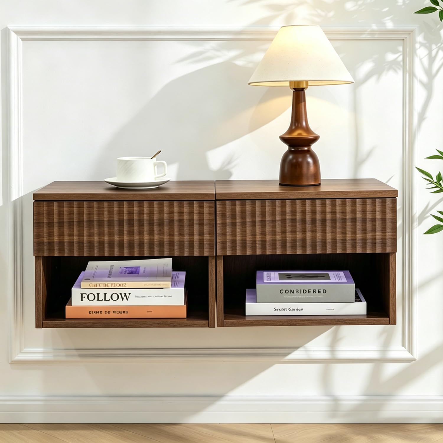 Floating Nightstand Set of 2, Wall Mounted Cabinet with Storage Drawer, Bedroom Bedside Table with LED Light, Modern Night Stand for Dorm Hallway Entryway, Walnut