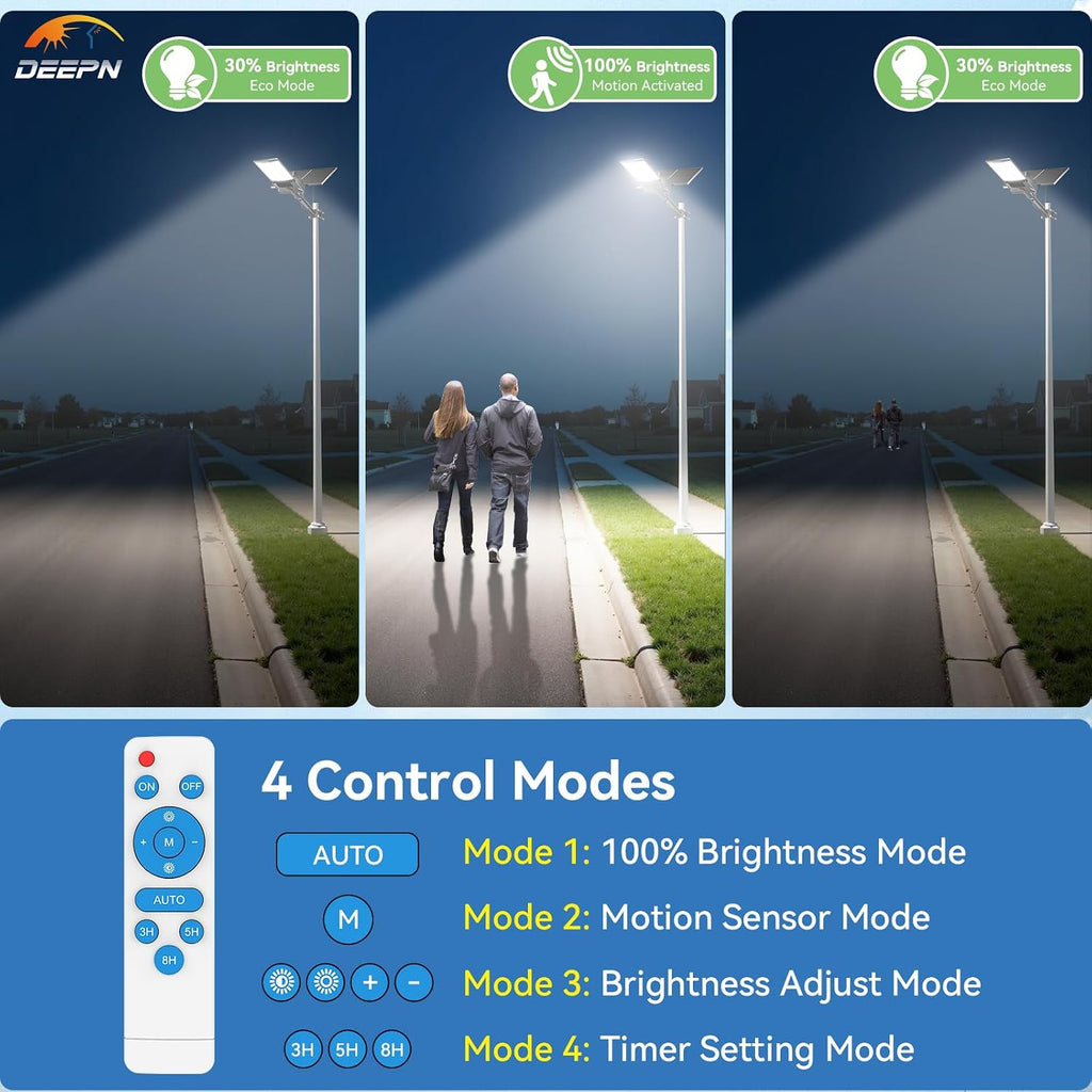 Deepn Solar Street Lights 10000W Commercial Grade Aluminum Parking Lot Lights LED Security Flood Light with Motion Sensor & Dusk to Dawn, Solar Lights Outdoor Waterproof for Outside, SZ3000, 2 Pack