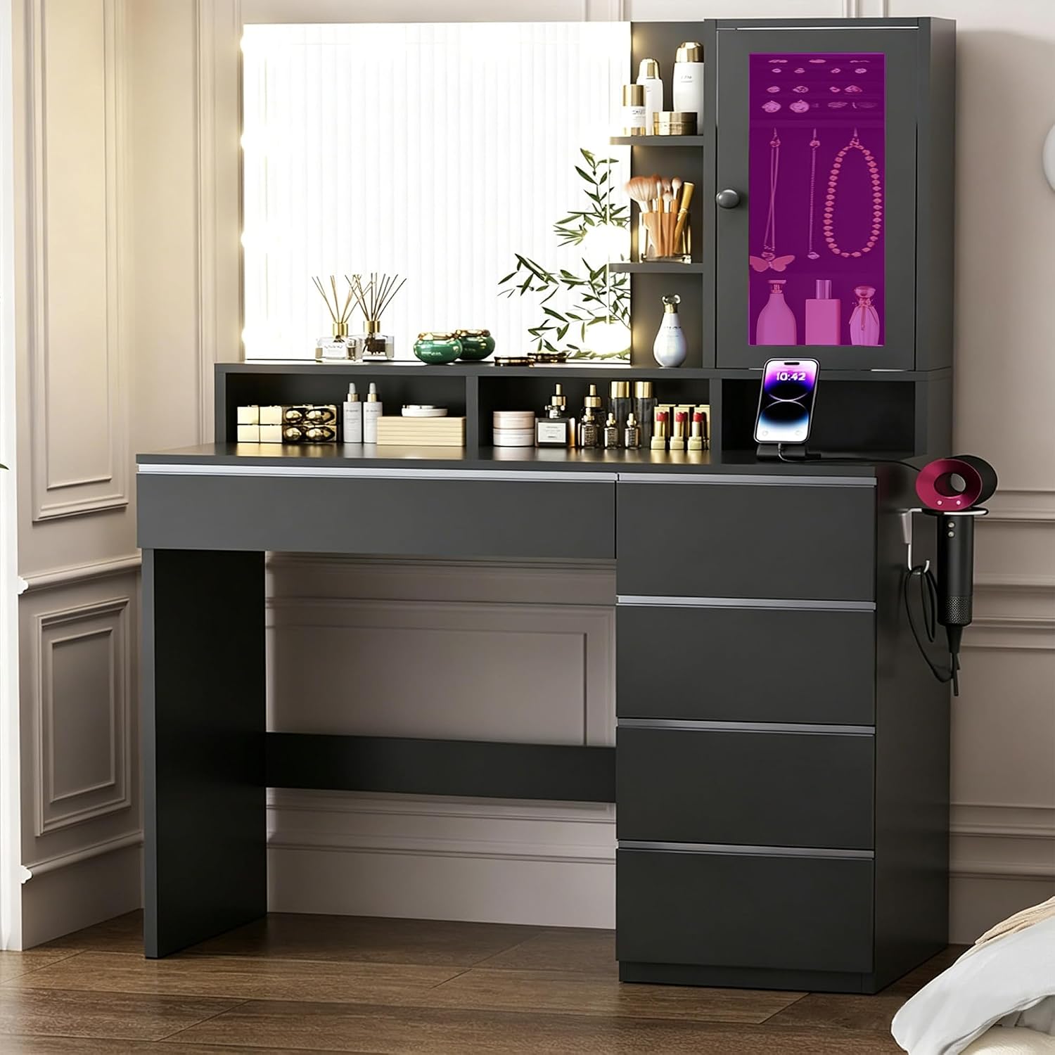 ERLEJIA Vanity Desk with LED Lights Mirror, Makeup Table with Power Outlet for Ladies and Girls, 35.43' RGB Light Makeup Desk with 6 Storage Drawers for Bedroom, Black