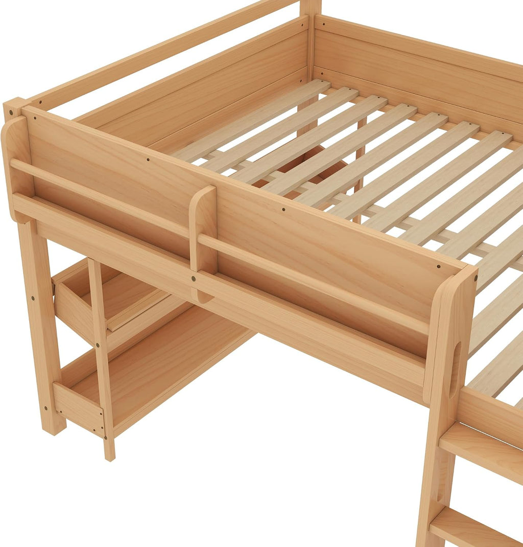 MERITLINE Full Loft Bed with Desk & Blackboard, Twin Multi-Functional Bed with Storage, All-in-One Study & Play Design (Natural)