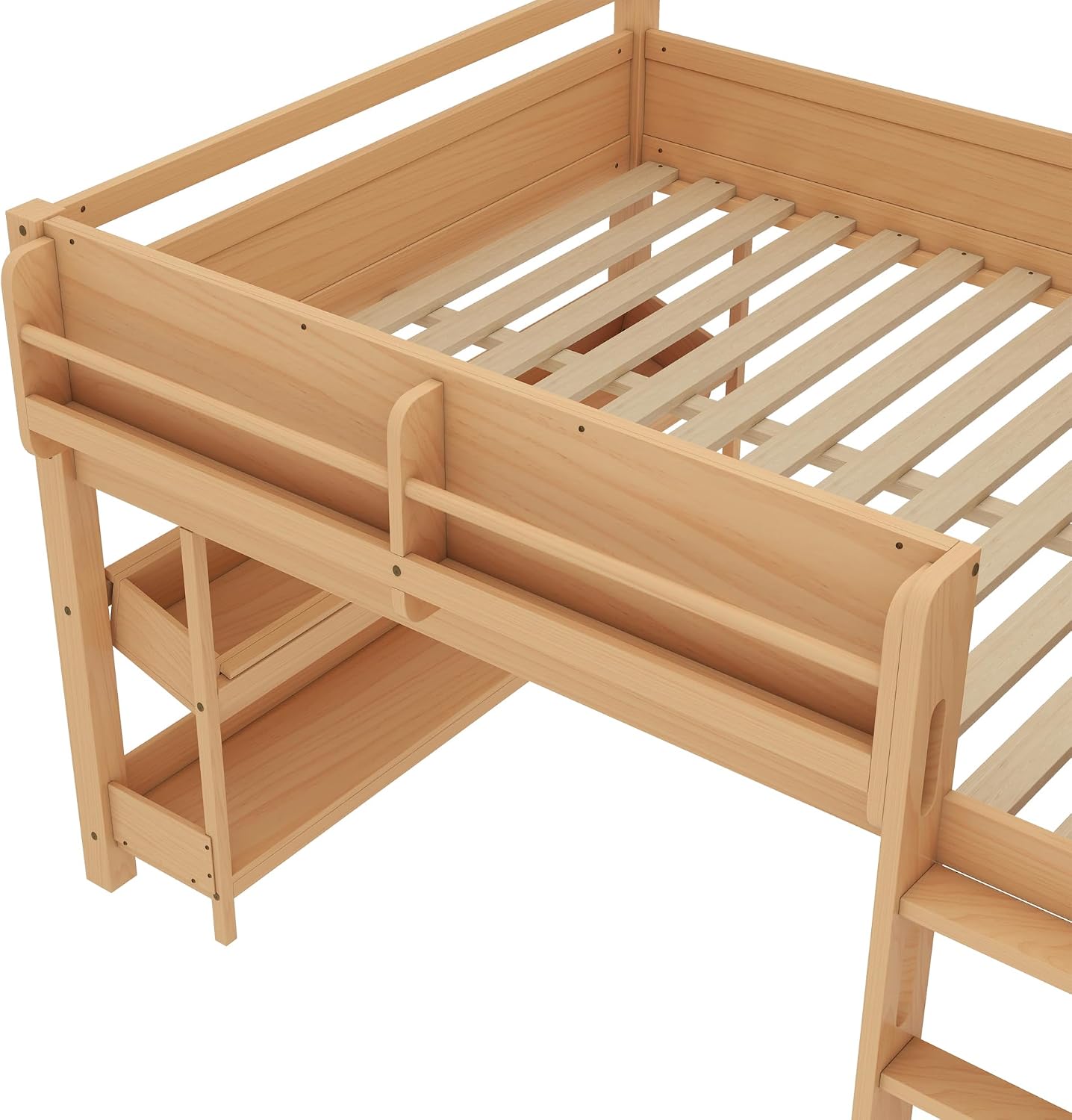 MERITLINE Full Loft Bed with Desk & Blackboard, Twin Multi-Functional Bed with Storage, All-in-One Study & Play Design (Natural)