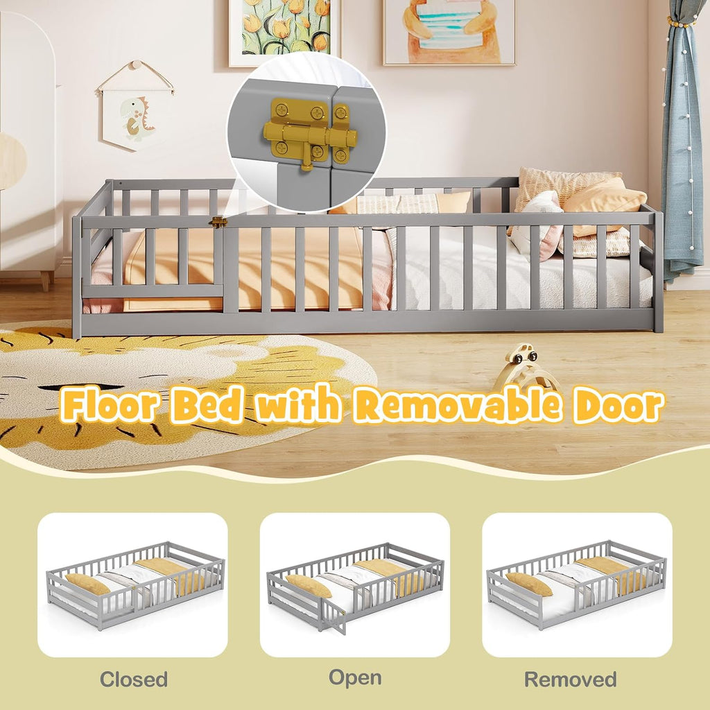 BECOMFORT Twin Floor Bed for Kids, Kids Twin Floor Bed Frame with Door, Latch & Safety Guardrails, Montessori Bed for Boys Girls