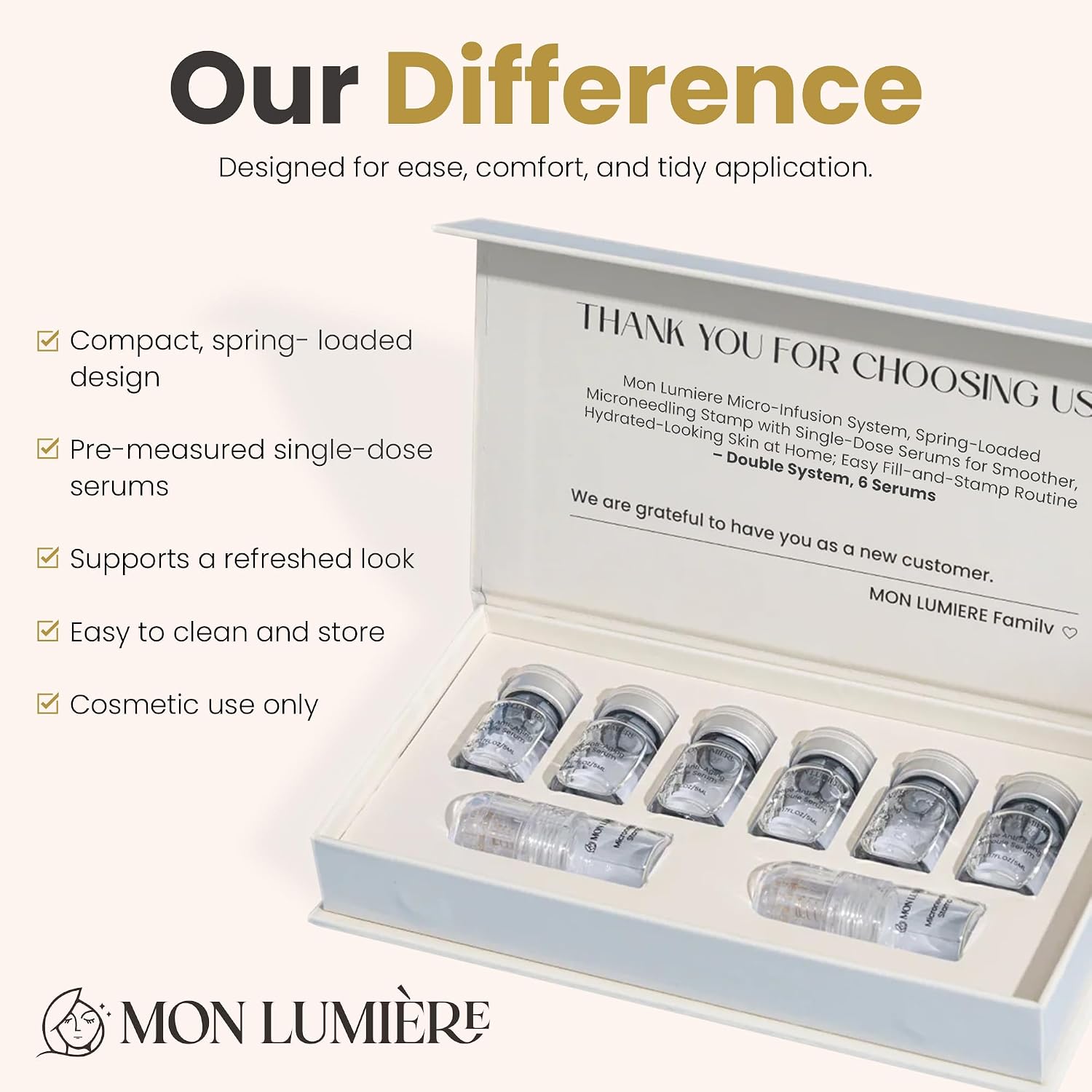 Mon Lumiere Micro Infusion System for Face – Gold Spring-Loaded Facial Stamp with PDRN & Peptides – At-Home Skincare Kit for Glow, Smoother-Looking Skin & Visible Radiance – 12 Single-Dose Serums