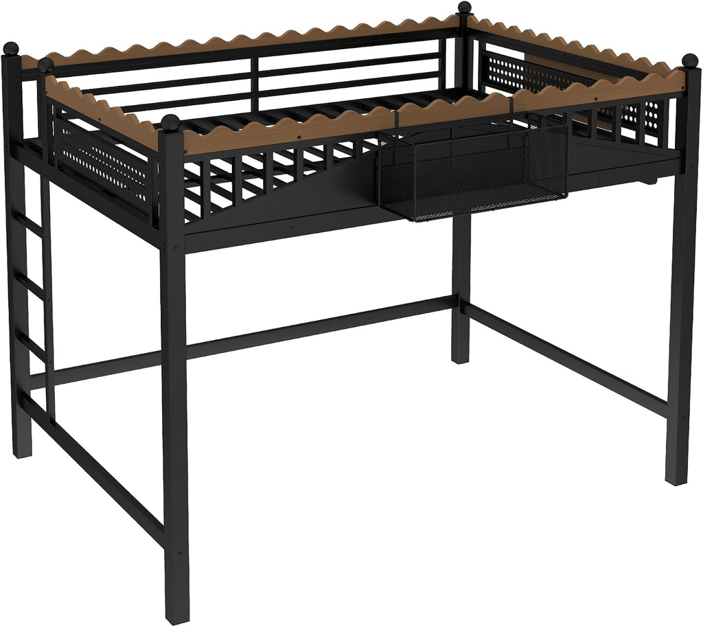 JIVOIT Metal Loft Bed with Built-in Storage Shelves and Bookshelf, Full Size Metal Loft Bed with Safe Ladder & Guardrail, Space-Saving Loft Bed, No Box Spring Needed and Chic Design