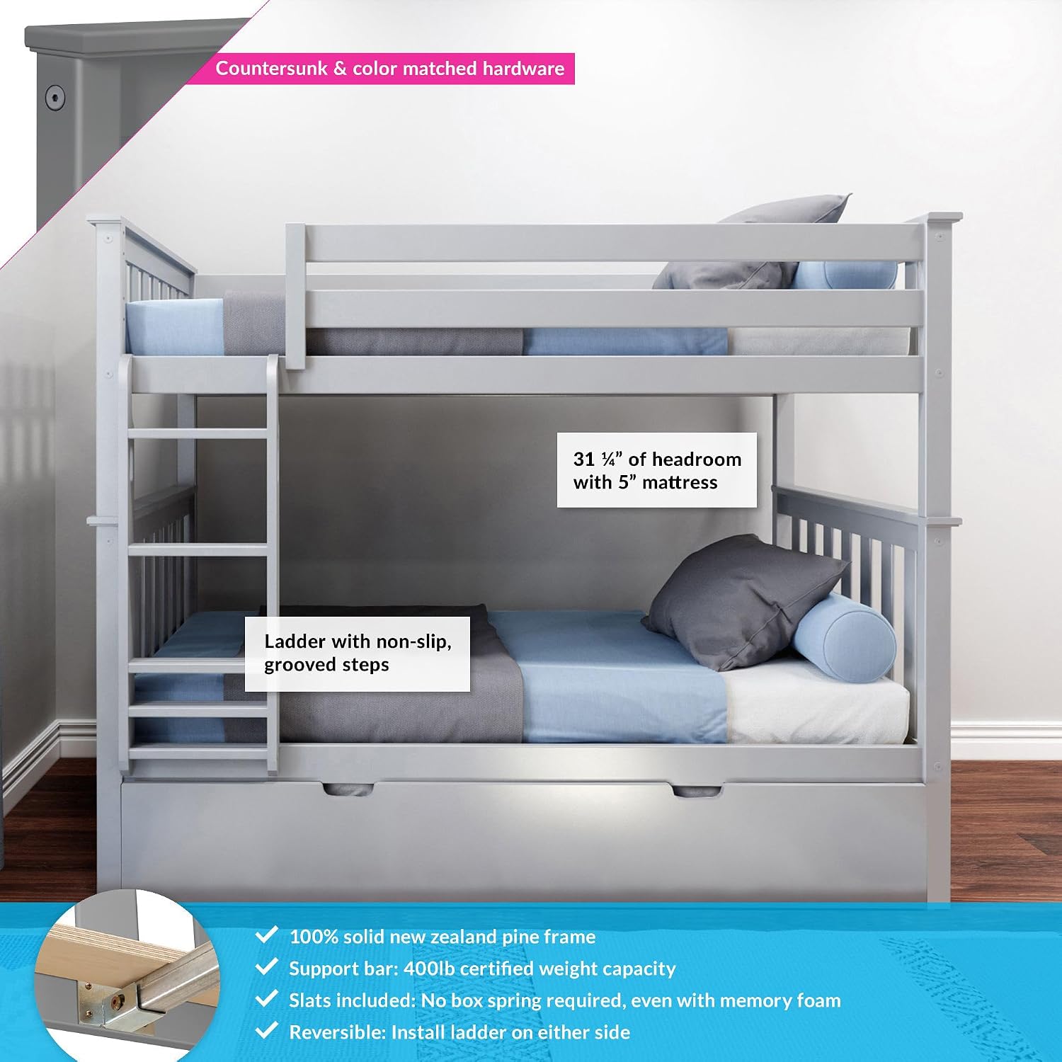 Max & Lily Bunk Bed, Twin-Over-Twin Wood Bed Frame For Kids With Trundle, Grey