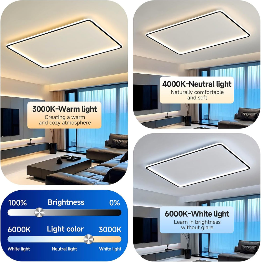 AOMEI 35' Rectangular 3CCT Dimmable Ceiling Light - 72W 3000K/4000K/6000K Adjustable Edge-lit Recessed Fixture for Living Room & Master Bedroom (Black)