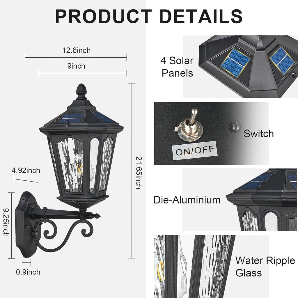 Solar LED Wall Light Outdoor with Remote Control, 22'' Front Door Sconce Dusk to Dawn 3 Lighting Modes Solar Exterior Wall Lantern Outside Lights for Patio Doorway Porch Walkway, Black