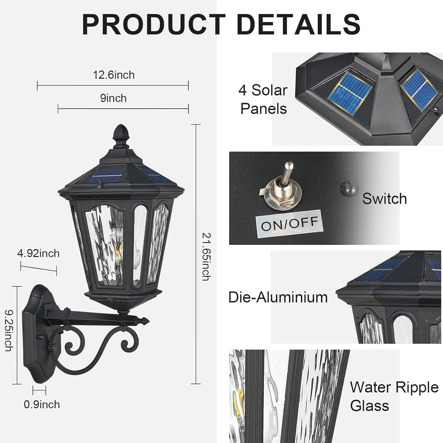 Solar LED Wall Light Outdoor with Remote Control, 22'' Front Door Sconce Dusk to Dawn 3 Lighting Modes Solar Exterior Wall Lantern Outside Lights for Patio Doorway Porch Walkway, Black