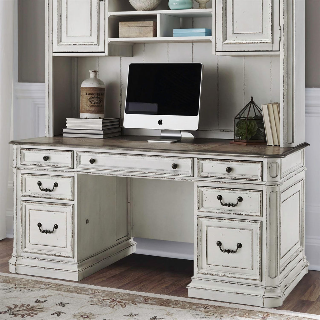 Liberty Furniture Magnolia Manor Credenza Desk for Home Office - Antique White & Weathered Bark