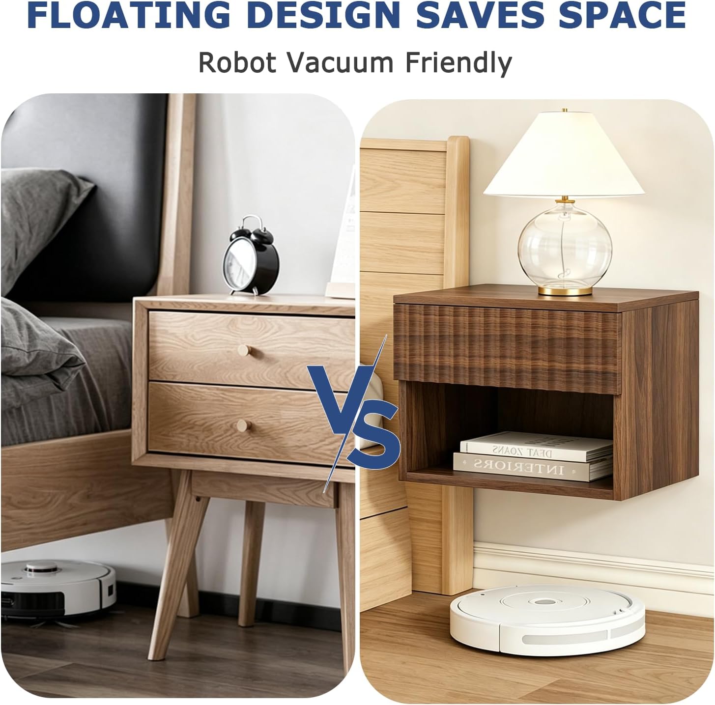 Floating Nightstand Set of 2, Wall Mounted Cabinet with Storage Drawer, Bedroom Bedside Table with LED Light, Modern Night Stand for Dorm Hallway Entryway, Walnut