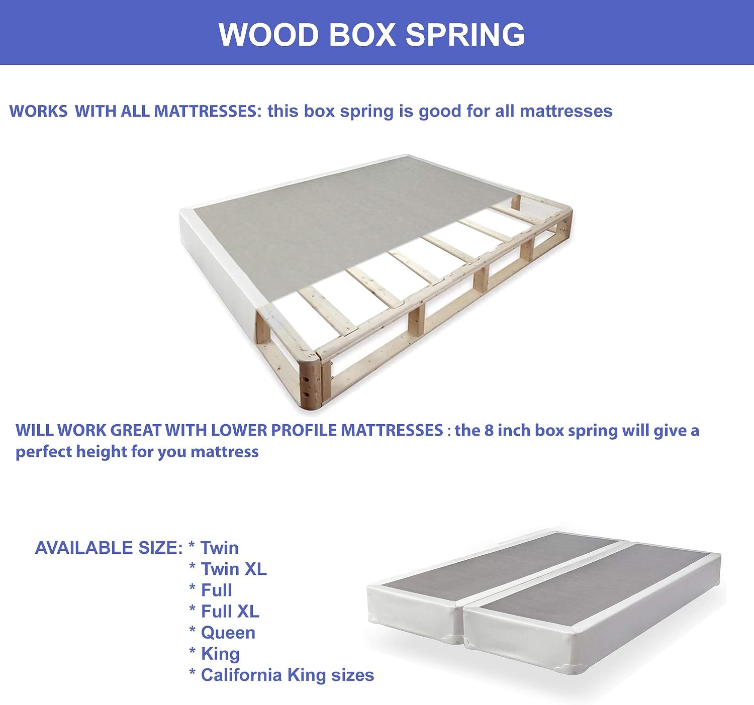 8-Inch Fully Assembled Split Wood Traditional Box Spring/Foundation for Mattress Set, Queen, White