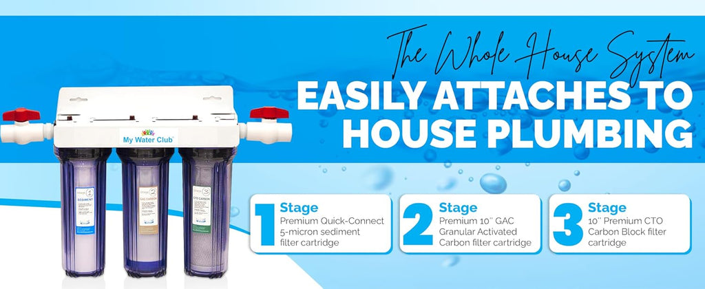 Whole House 3-Stage Water Filtration System, 3/4' port with 2 valves and extra 1 year filter supply (2 sets, 6 pcs)