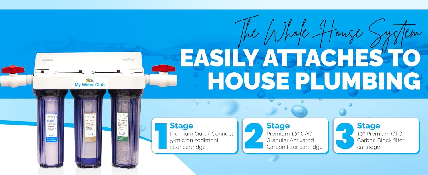 Whole House 3-Stage Water Filtration System, 3/4' port with 2 valves and extra 1 year filter supply (2 sets, 6 pcs)