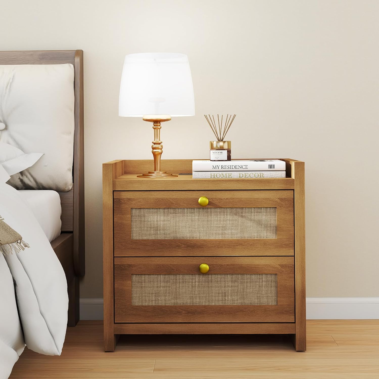 LubanNese 23.6' Nightstand, Boho Wooden Bedside Table with Charging Station for Bedroom, Farmhouse Rustic Large Wide Night Stands with 2 Soft Close Drawers, Oak