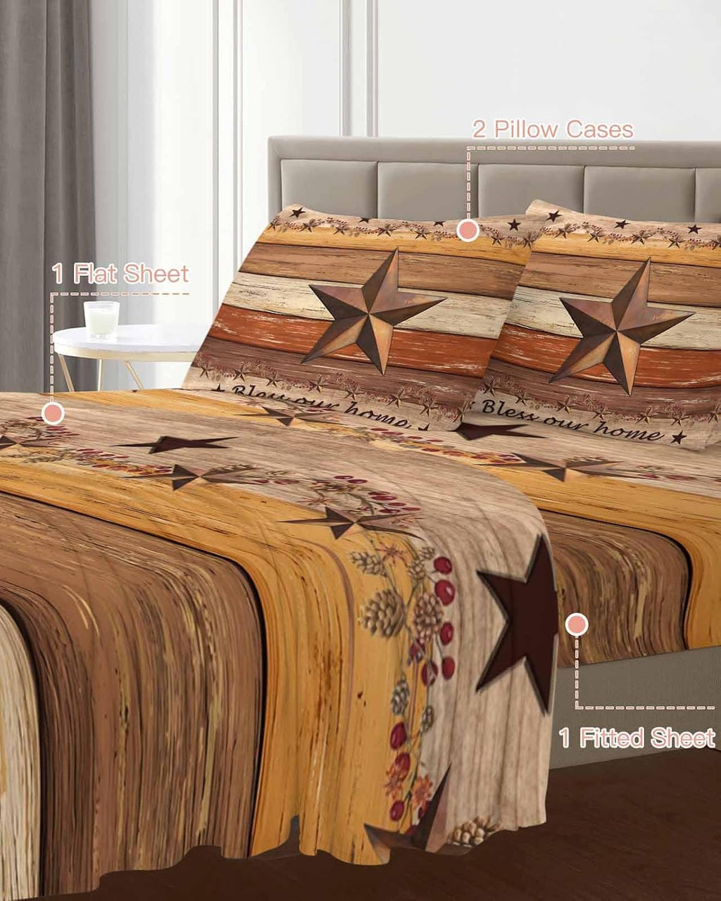 Western Texas Star Vintage Cal King Sheet Set 4 Piece Bedding - Farmhouse Brown Wood Grain Breathable Comfy Cooling Bed Sheets & Pillowcase Sets, Hotel Luxury Flat Sheets Deep Pockets Fitted Sheet