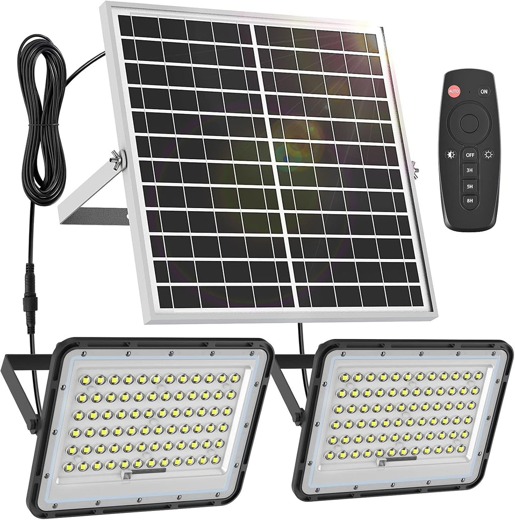 Engrepo 200 Watts Solar Flood Light Outdoor 1500 Lumens Dual White Floodlights Auto On/Off Dusk to Dawn with Remote Control for Yard, Garden, Shed, Barn.