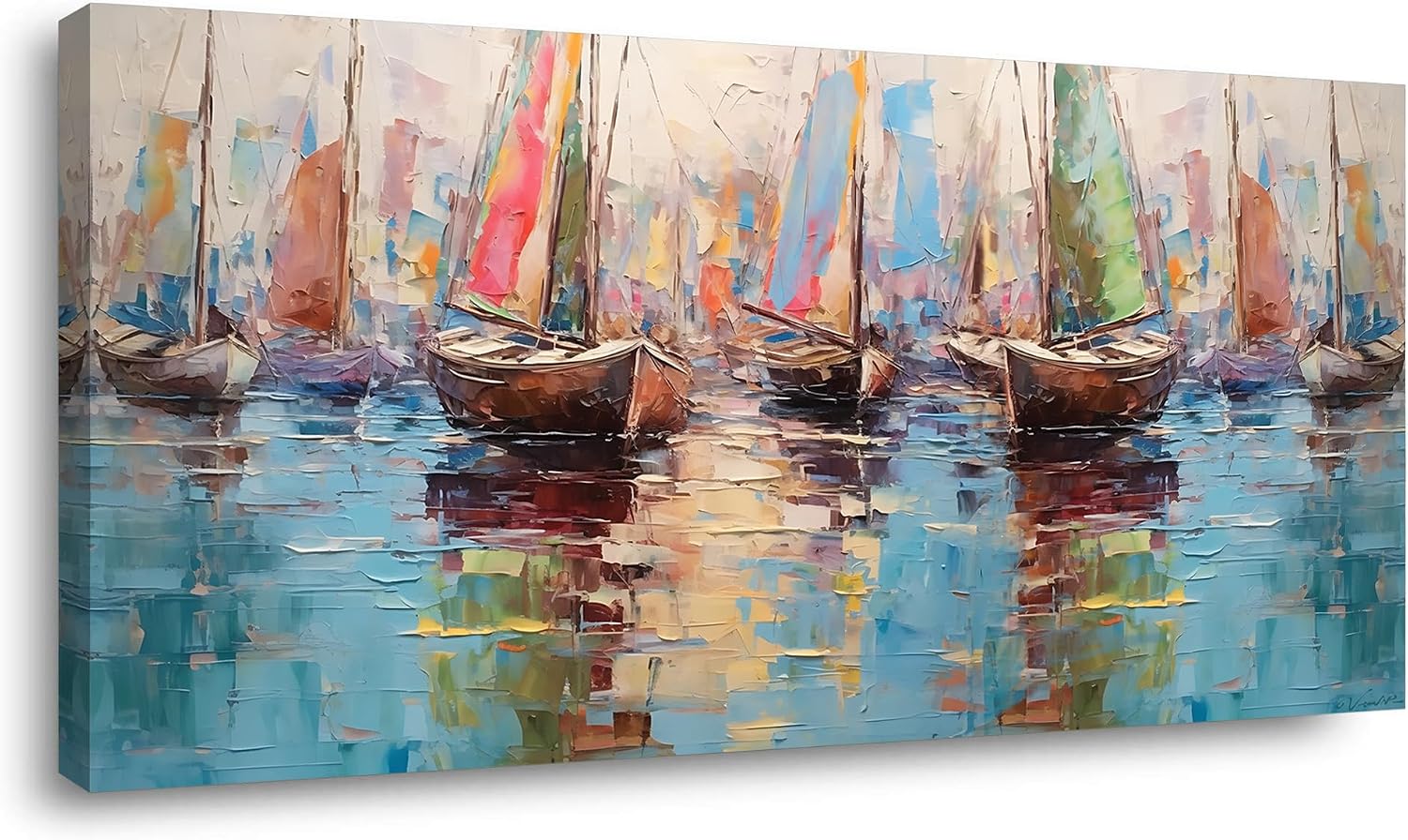 Colorful Boats on Water Oil Painting Style Wall Art Decor Artwork for Bedroom (30x60 Inches)