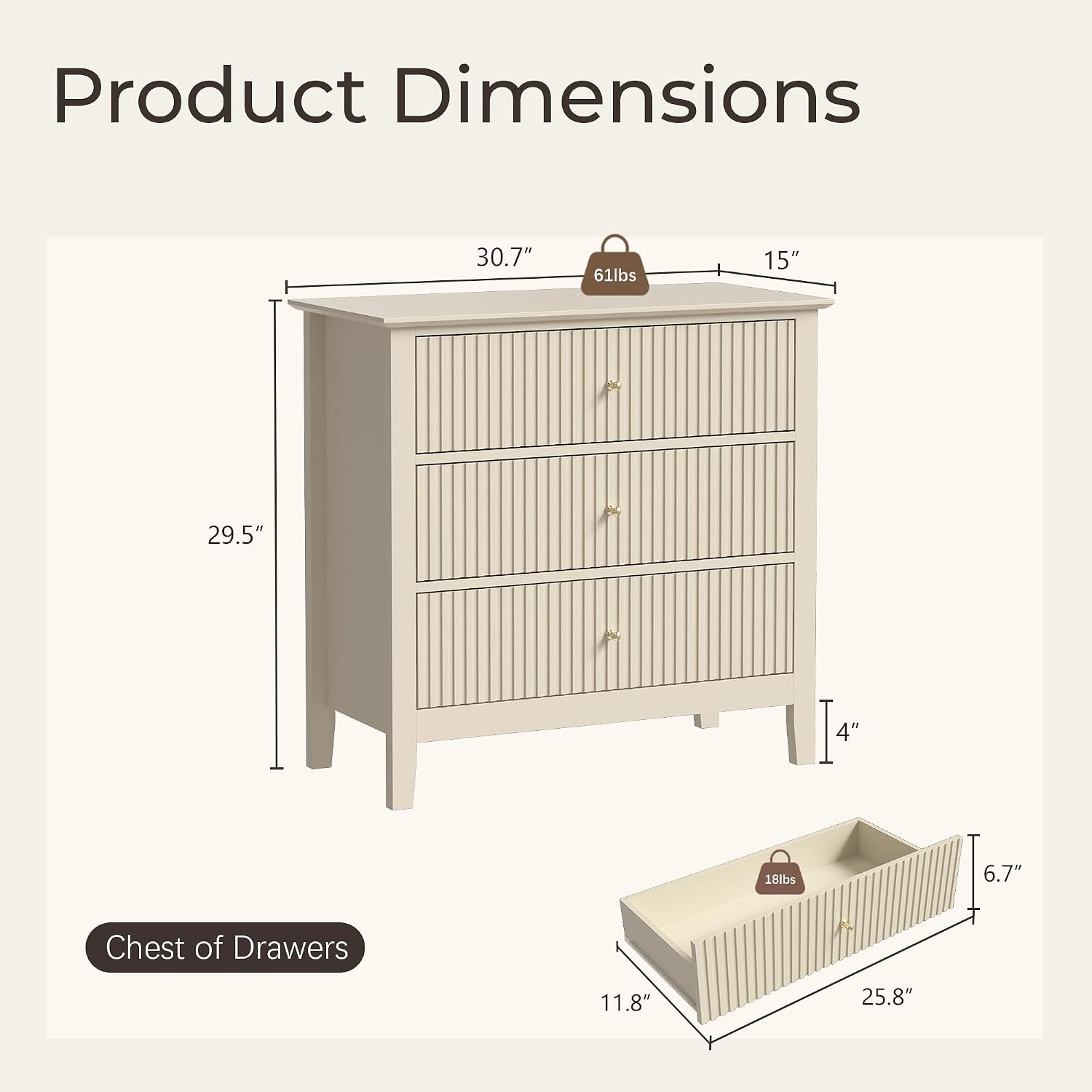 Fluted 3 Drawer Dresser Set of 2, Small Dresser Nightstand for Bedroom, Modern Wood Chest of Drawers, Wooden Dresser Nightstand with Paint Design for Closet, Hallway, Entryway, Beige