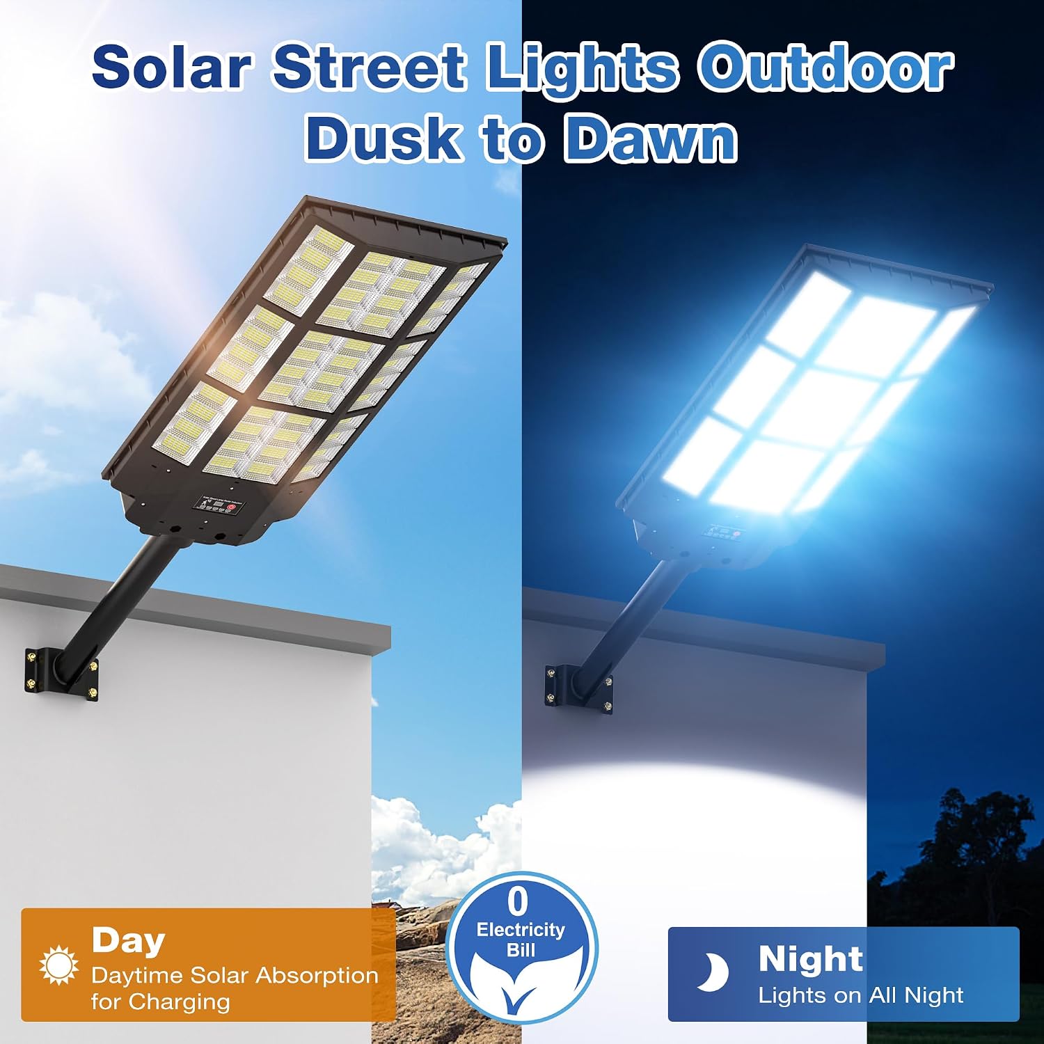 WYWNA 15000W Solar Street Light - 7000K Solar Street Lights Outdoor Dusk to Dawn, Solar Lights Outdoor with Motion Sensor, Wide Angle IP66 Waterproof with Remote Control