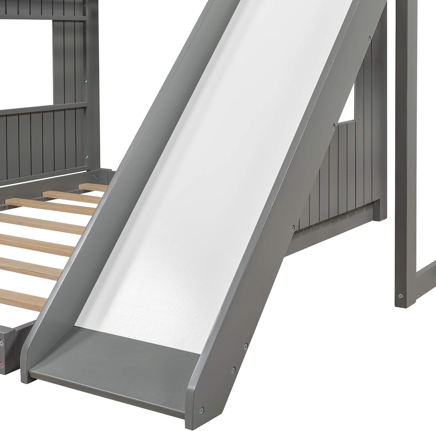 Twin Over Full Bunk Beds with Slide for Kids Toddlers, Play Farm House Roof Window Guardrail Ladder, for Girls Boys, No Spring Box Required (Gray-Slide-Twin-Full)