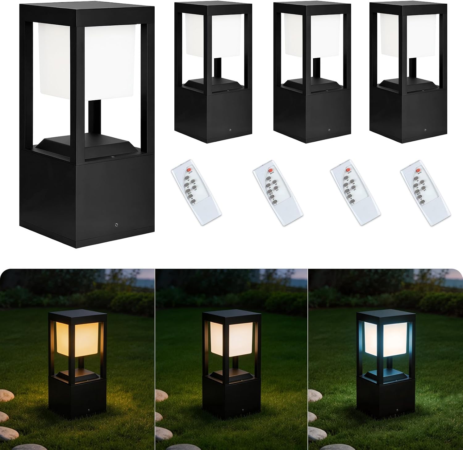 Solar Floor Lamp Outdoor Waterpoorf, Modern Aluminum Led Pathway Lights, Bollard Landscape Lighting for Garden Patio, Porch Post Lights, Remote Control, 3CCT, Dusk to Dawn (13.7'H-4Pack)